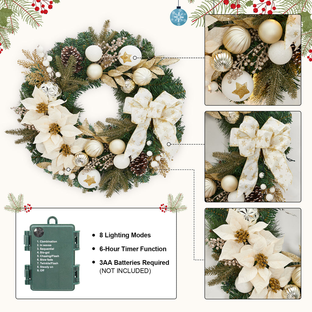 JoanKaren 24 inch Large Christmas Wreath Silver White with 20 LED Lights,Prelit Xmas Wreath w/ Ball Ornaments Pine Cone