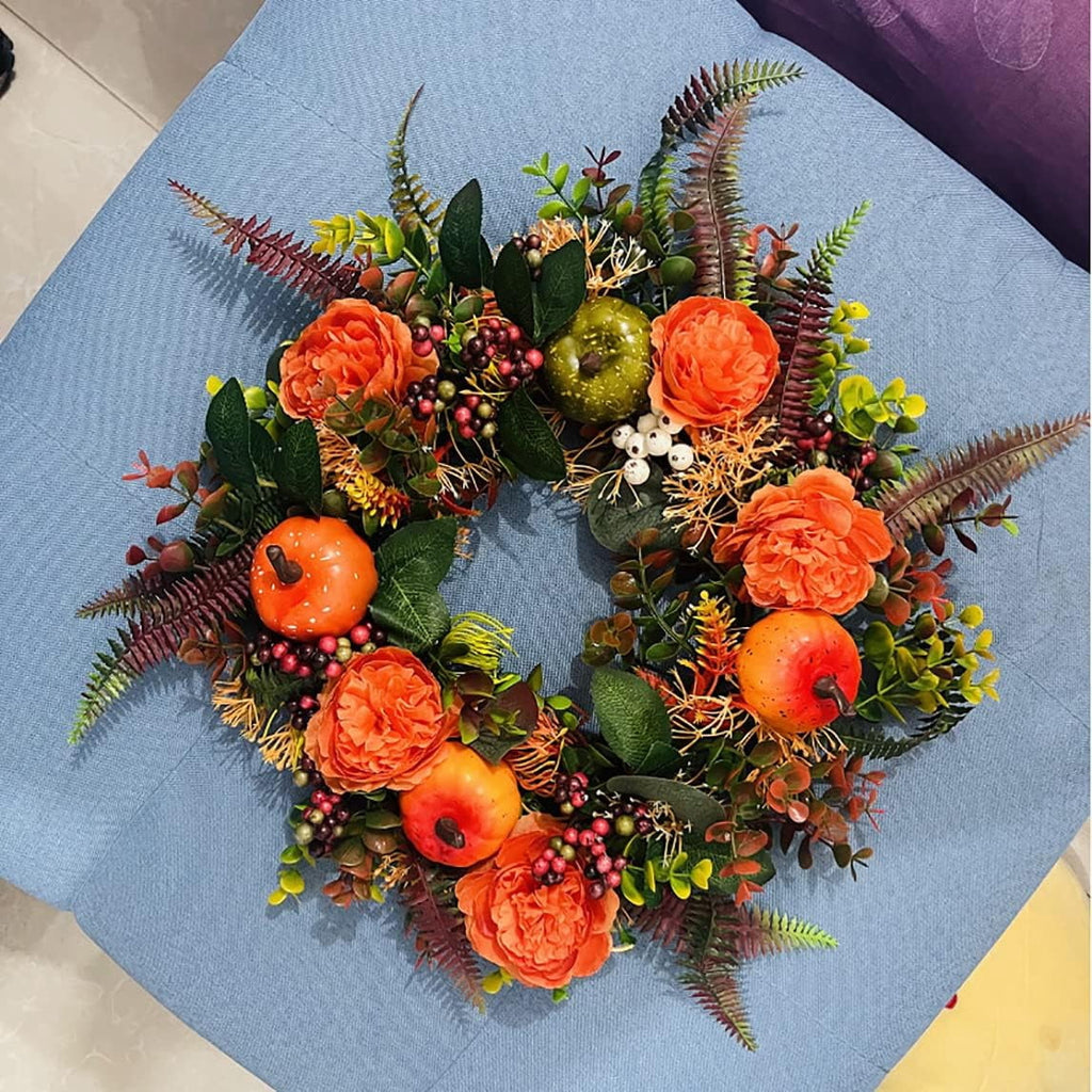KOMI Fall Peony and Pumpkin Wreath, Autumn Year Round Wreaths for Front Door, Artificial Fall Wreath, Halloween Wreath, Fall Wreaths for Front Door, Autumn Wreath Thanksgiving Wreath (17.7 Inch)