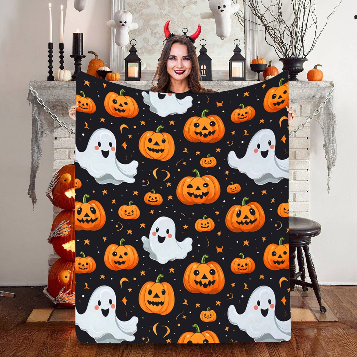 Halloween blanket,Halloween Print Throw Blanket Flannel Soft Cozy Decorative Nap Blanket with Ghost Pumpkin Skull for Office Bedroom Sofa Camping Travel(100x150cm/39x59 Inch),Black