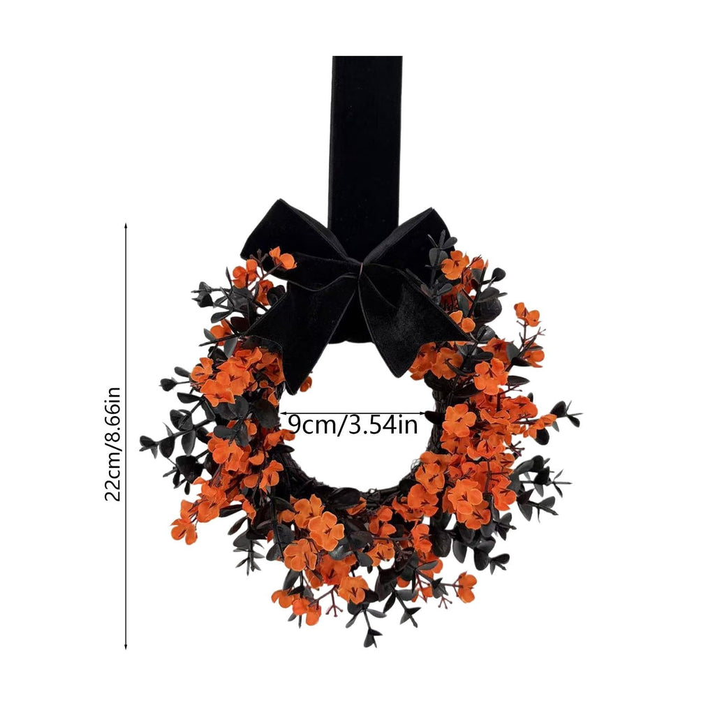 Mini Halloween Wreath, 8.6 Inch Artificial Black Grapevine Wreath with Velvet Bow for Cabinet, Window, Wall and Tabletop Gothic Decor