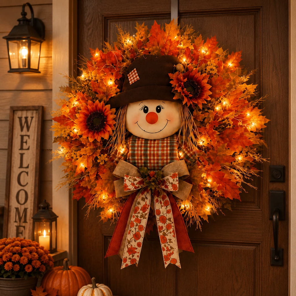 ICQOVD Halloween Pumpkin Maple Leaf Wreath with Skeleton Ornament Orange Black Bow Front Door Hanging Fall Home Decoration 15.75*15.75*3.15IN
