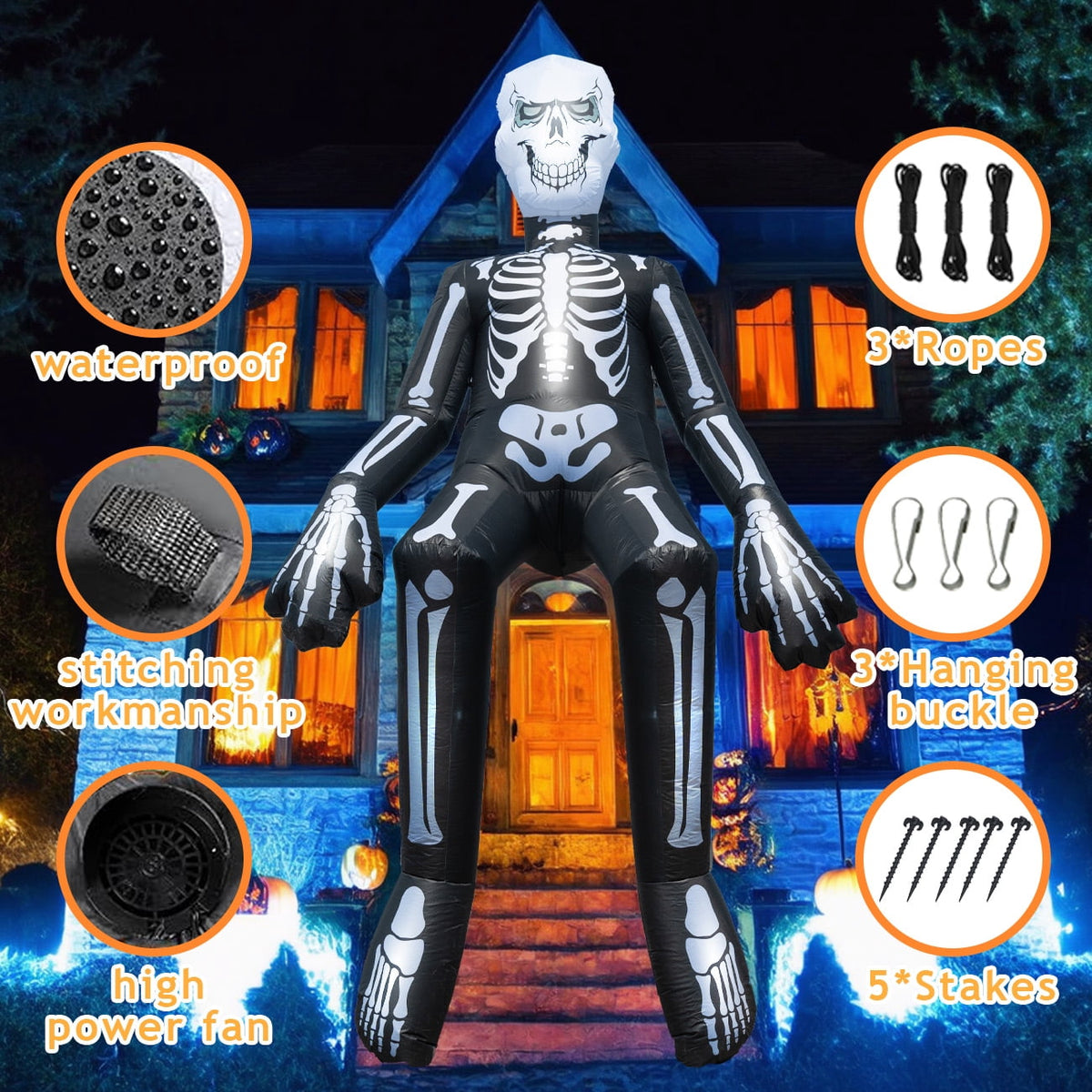 Halloween Inflatables Outdoor Decorations, 10.5ft Sitting Skeleton Halloween Outdoor Inflatables Decorations Skeleton Blow Up Built in Lights Air Pump for Halloween Party Yard Garden Party Supplies