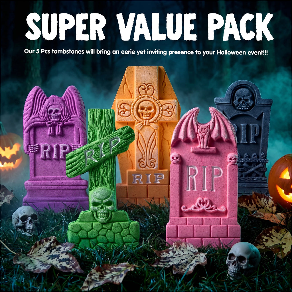 Joyfy 5 Pack Halloween Tombstone Outdoor Decorations,17 Inch Foam RIP Cemetery Headstone Decoration and 12 Halloween Yard Lawn Decoration Metal Stakes