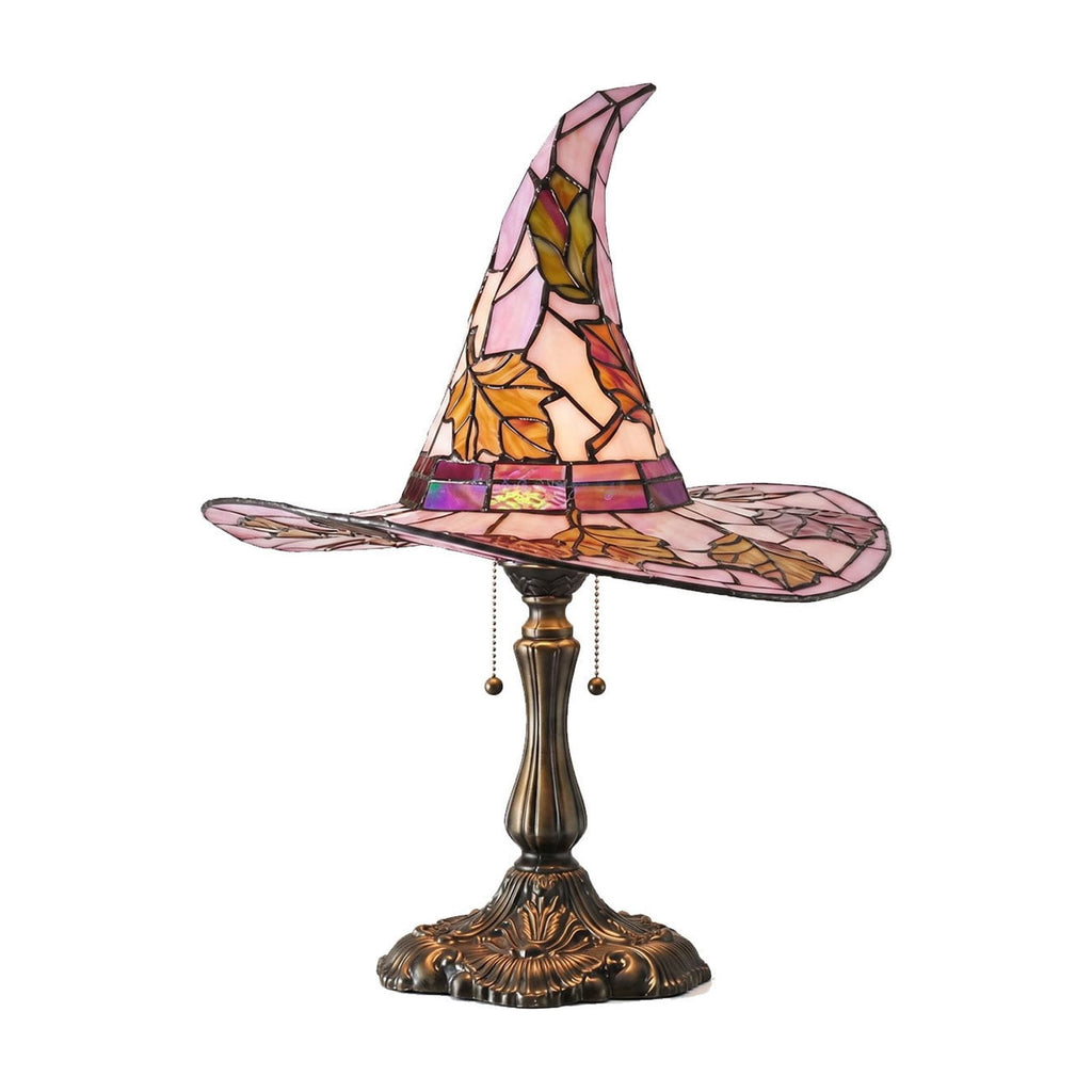 Stained Glass Witch hat lamp, 7" Halloween Gothic Mystic Room Decor Handcrafted Ceramic Phantom Figurine, USB Rechargeable LED Glowing Lantern for Bedroom Living Room Mantel Home Decor