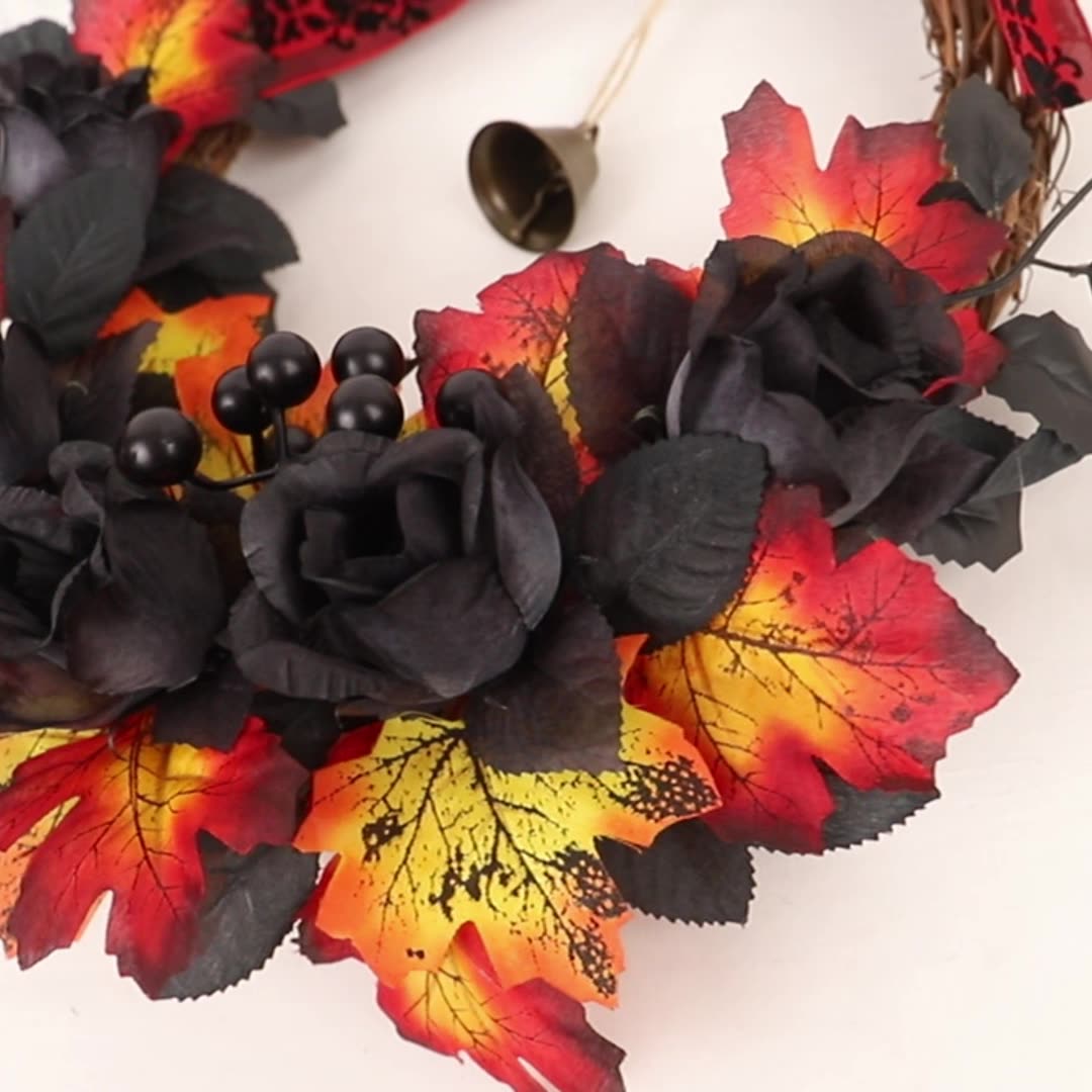 Halloween Wreaths for Front Door,16 inch Black Rose Halloween Wreaths with Lights Berry Maple Leaf Small Bell,Scary Halloween Home Decoration for Indoor,Outdoor,Wall Window,Porch,Garden,Home,Party