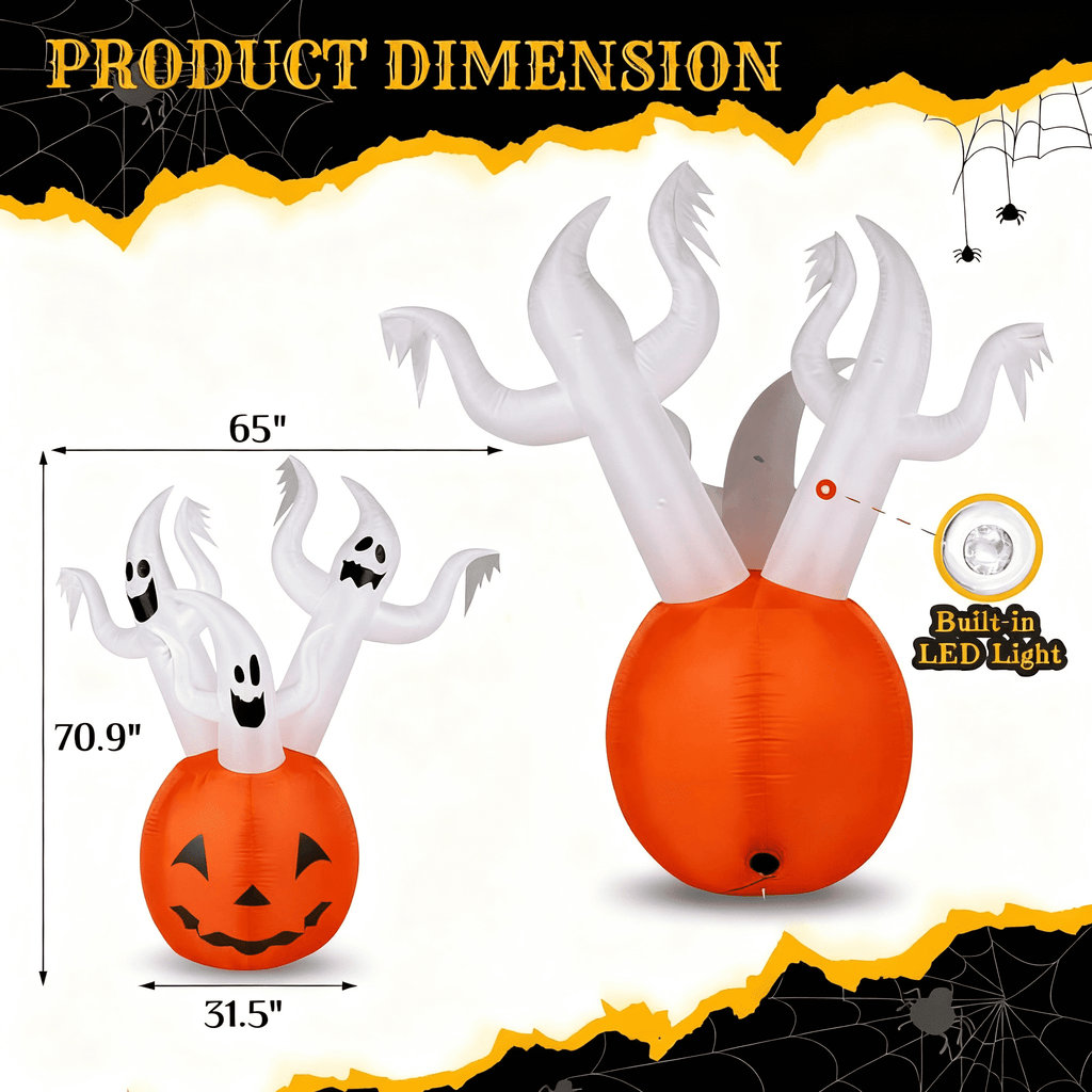 5.9FT Halloween Inflatable Pumpkin Ghost, Built-in LED Lights, Waterproof Polyester for Yard/Garden