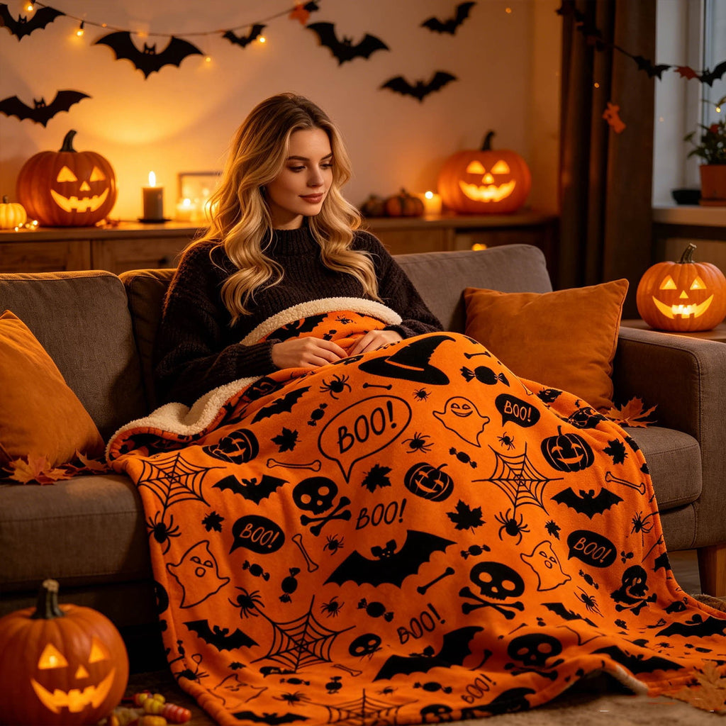 Halloween blanket,Halloween Print Throw Blanket Flannel Soft Cozy Decorative Nap Blanket with Ghost Pumpkin Skull for Office Bedroom Sofa Camping Travel(100x150cm/39x59 Inch),Black