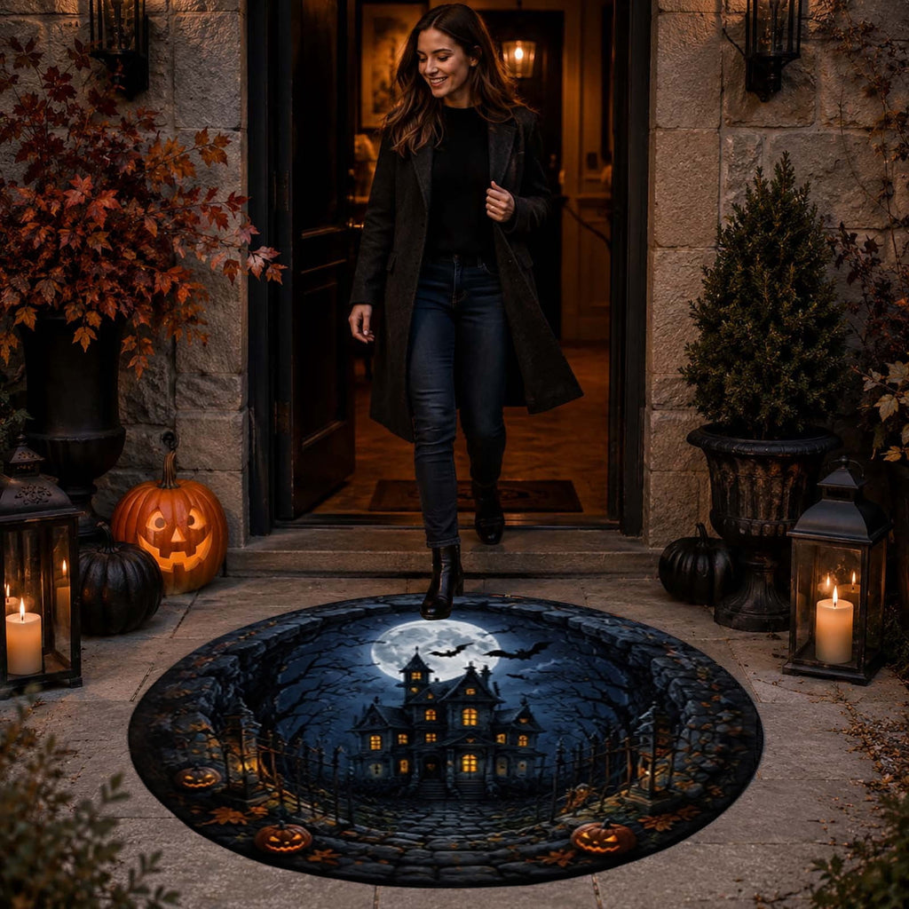 Win s Way 3D Illusion Round Halloween Rug Optical Illusion Doormat Non- Washable Entryway Decor Spooky Fall Front Door Mat for Party Decoration Available in 15.8/23.6/31.5 Inch
