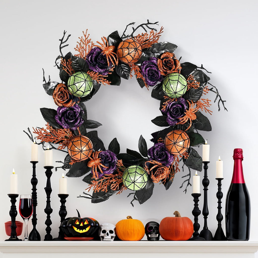 17.7 Inch Halloween Wreaths for Front Door, Spider Rose Wreaths for Indoor Outdoor Window Proch Wall Home Halloween Decoration