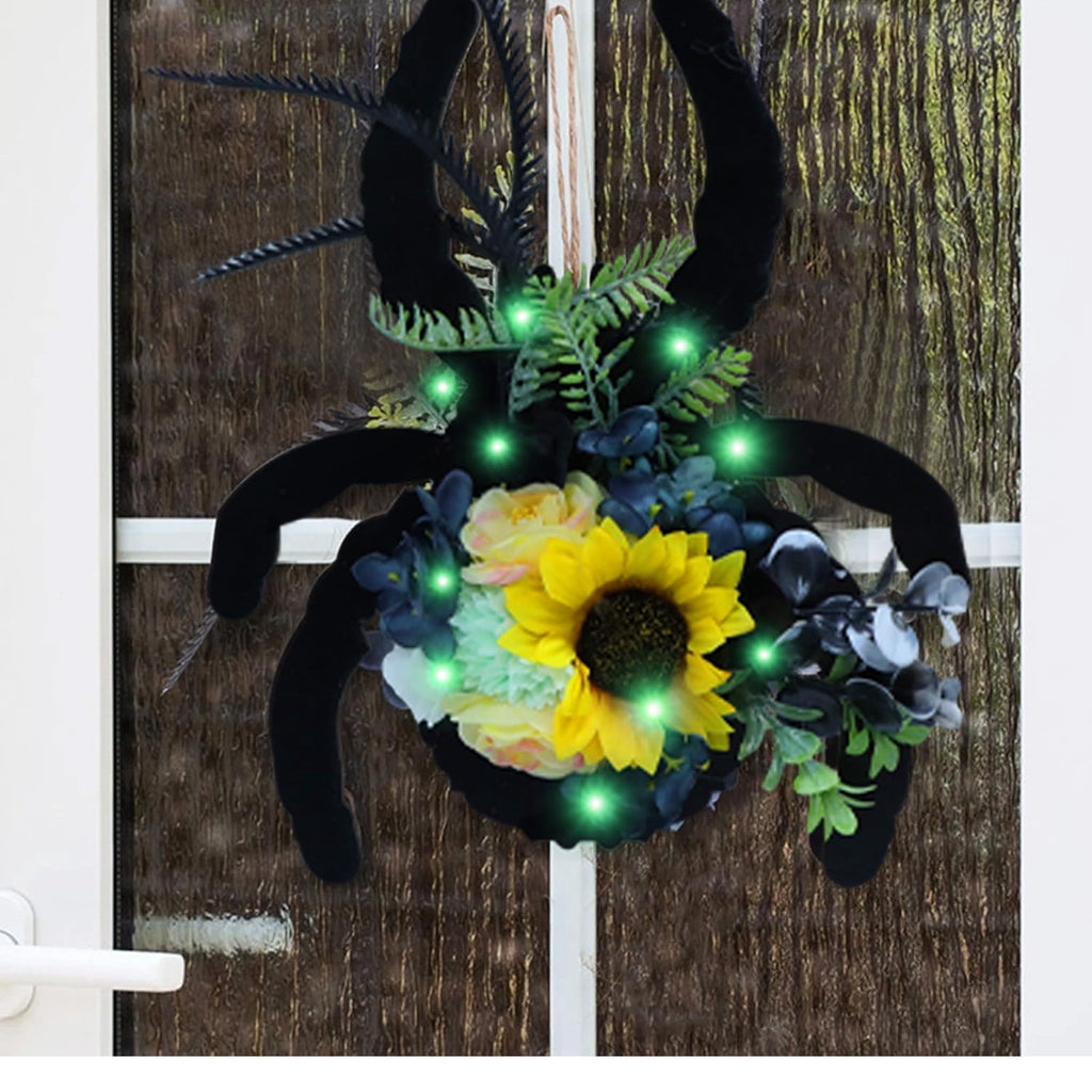 Halloween Door Hanger Wreath Spider Decorations, 30cm Halloween Party Cute Spider Artificial Flower Wreaths Decor with Lights for Front Door Farmhouse Porch Wall Decor Outdoor,Halloween Decorations