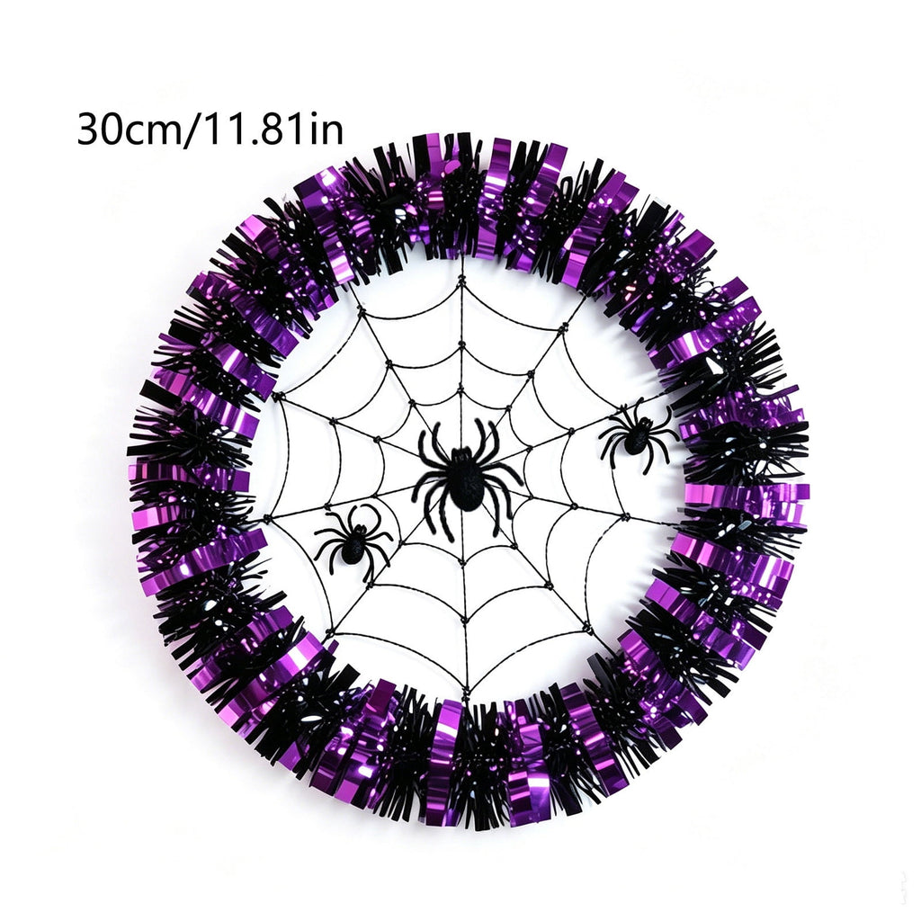 Halloween Wreaths for Front Door, Purple Black Tinsel Wreath with Spider Web & Spider Ornaments Front Door Hanging Decor for Party Home Porch