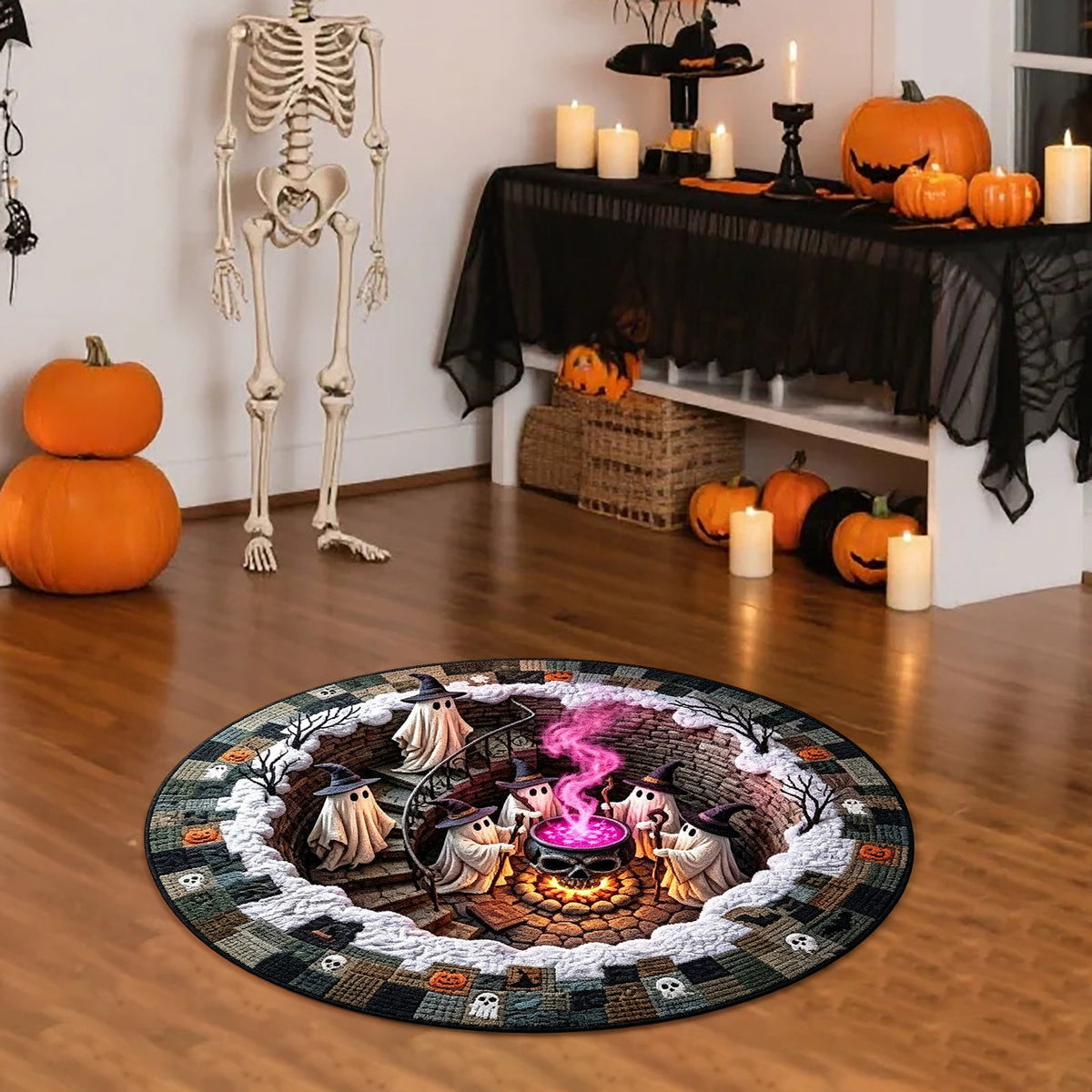 3D Optical Illusion Halloween Round Rug – Spooky Ghost Pumpkin Design, Non Slip Rubber Backing Doormat for Entryway Bedroom, Machine Washable Floor Mat Home Decor