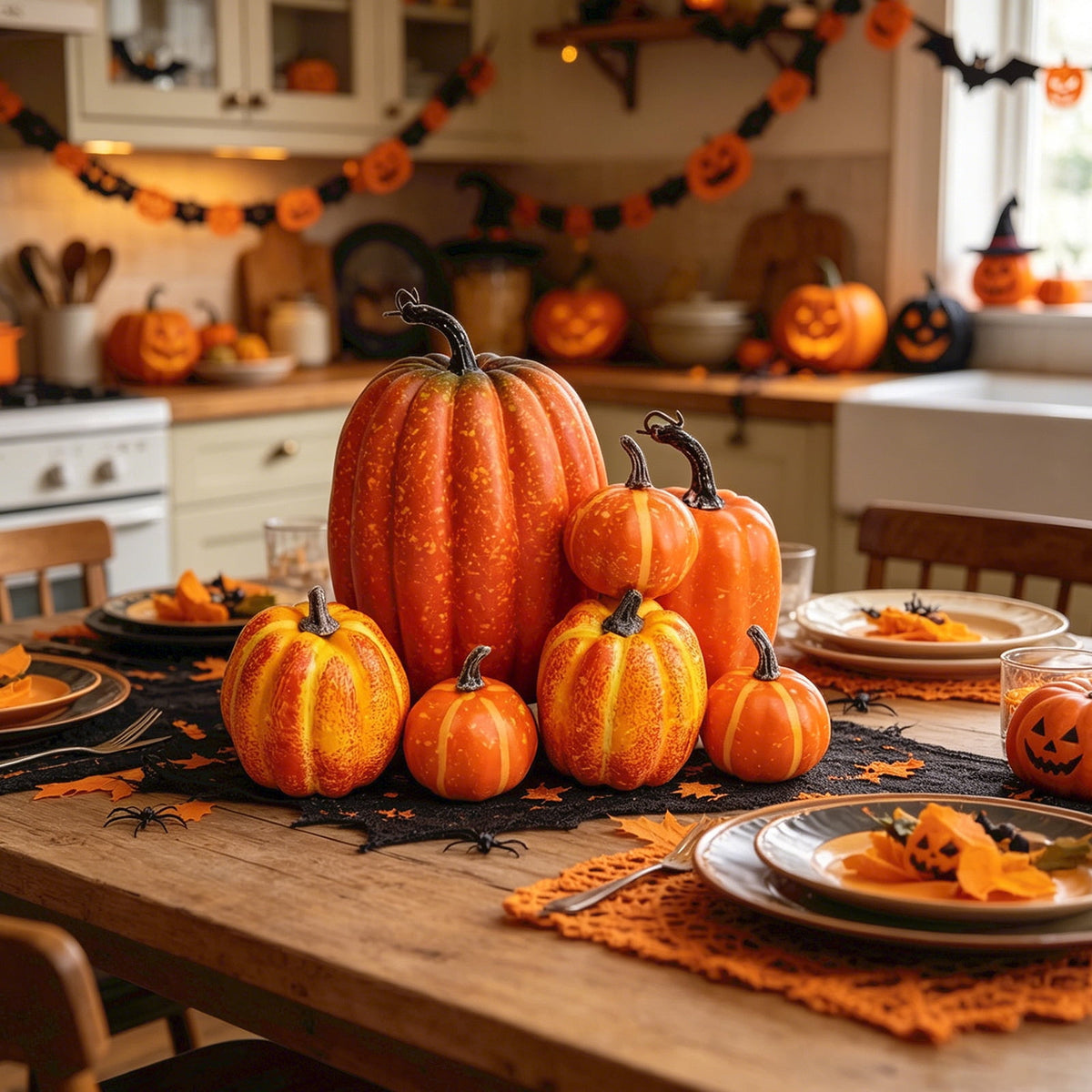 7 Pc Artificial Pumpkin Set Fall Halloween Decor, Rustic Harvest Thanksgiving Table Centerpiece for Home Farmhouse Kitchen Display