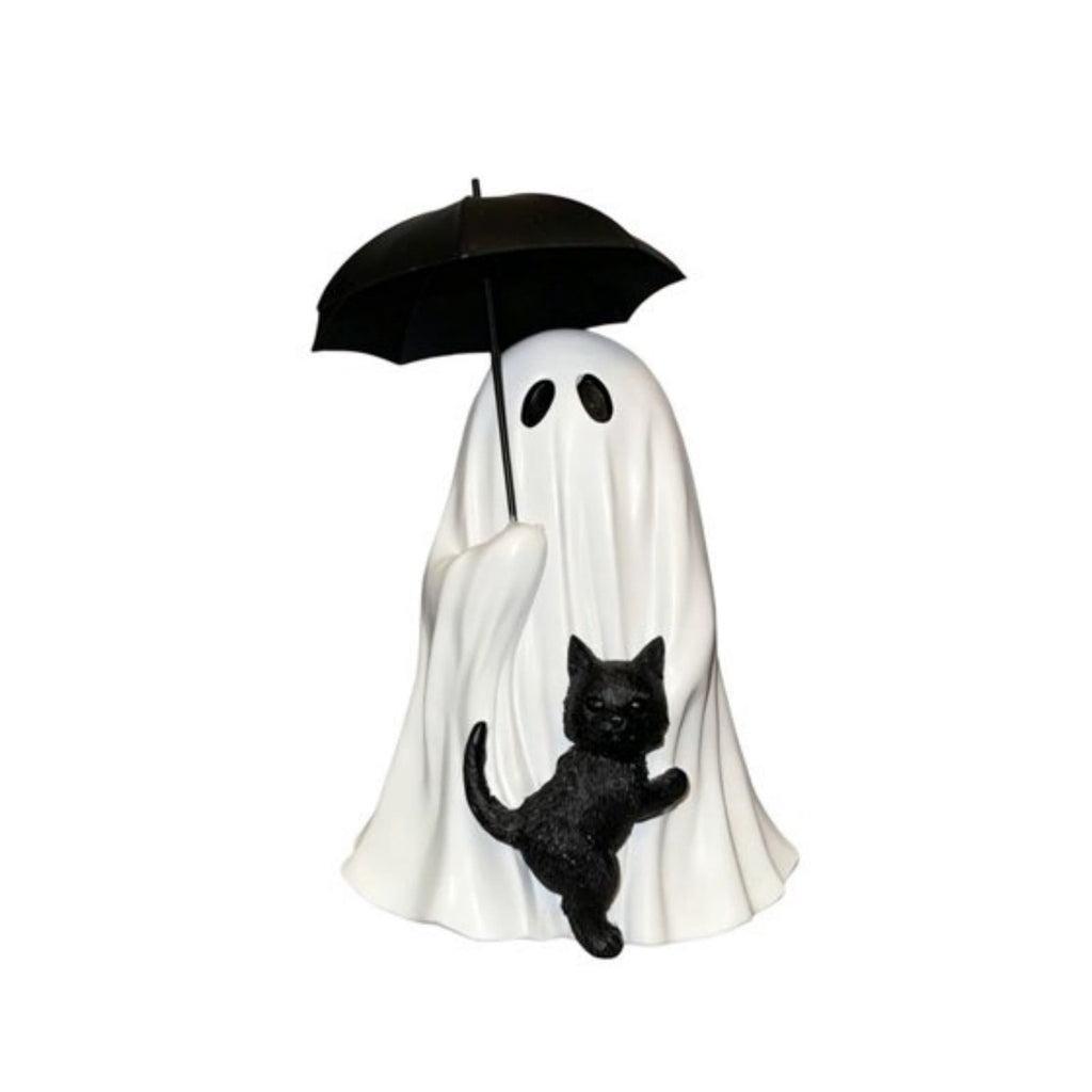 Halloween Ghost Figurine, Ghost Girl with Pink Bow & Hot Drink, Funny Ghost Statue Halloween Decor for Gift, Cute Spooky Tabletop Ornament for Home, Mantle, Desk & Party Decoration