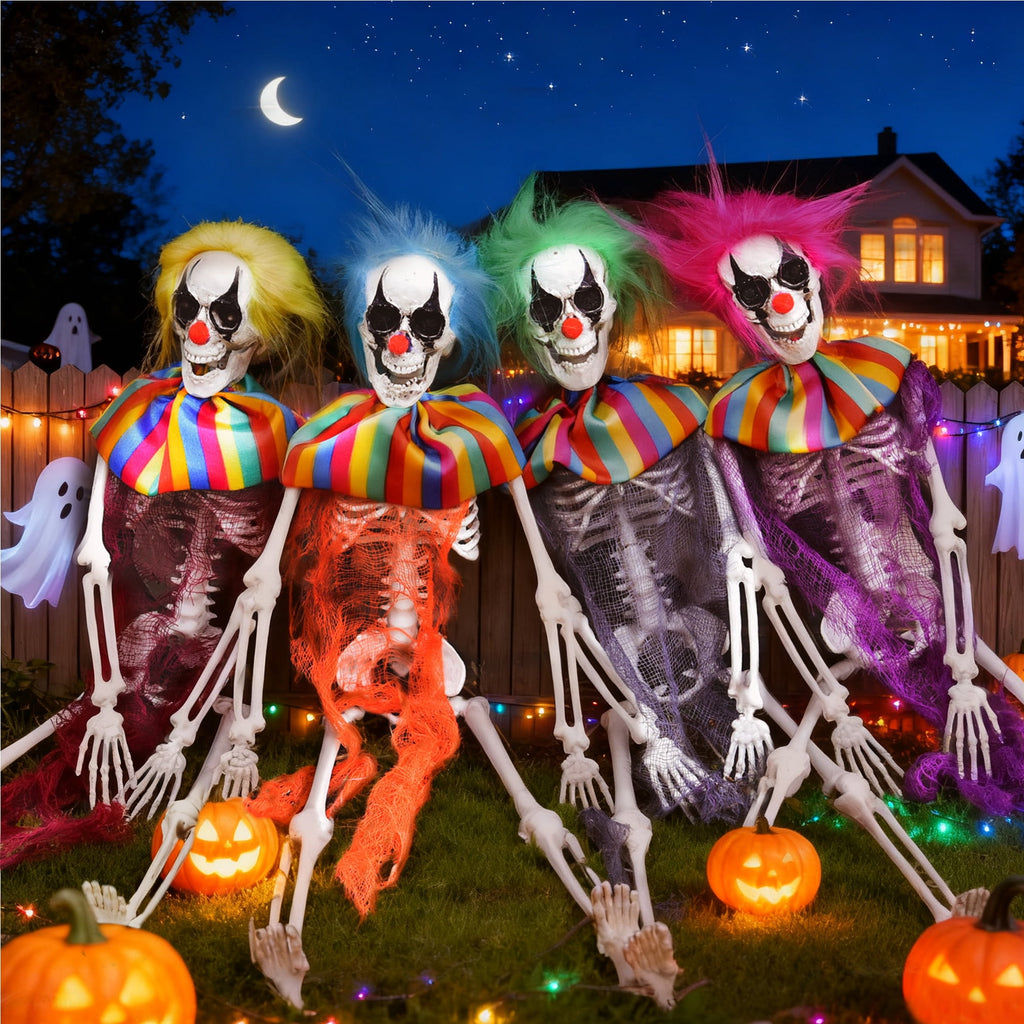 Fun Little Toys 15.7 Inches 4 Packs Halloween Scary Circus Clown Skeleton Hanging Ghost Skeleton in Clothes, Outdoor Indoor Yard Patio House Decor