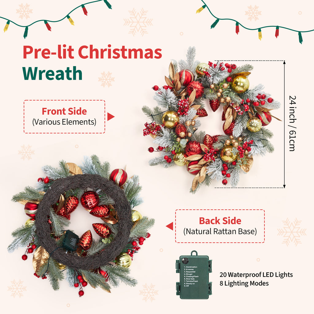 JoanKaren 24 inch Large Christmas Wreath Silver White with 20 LED Lights,Prelit Xmas Wreath w/ Ball Ornaments Pine Cone
