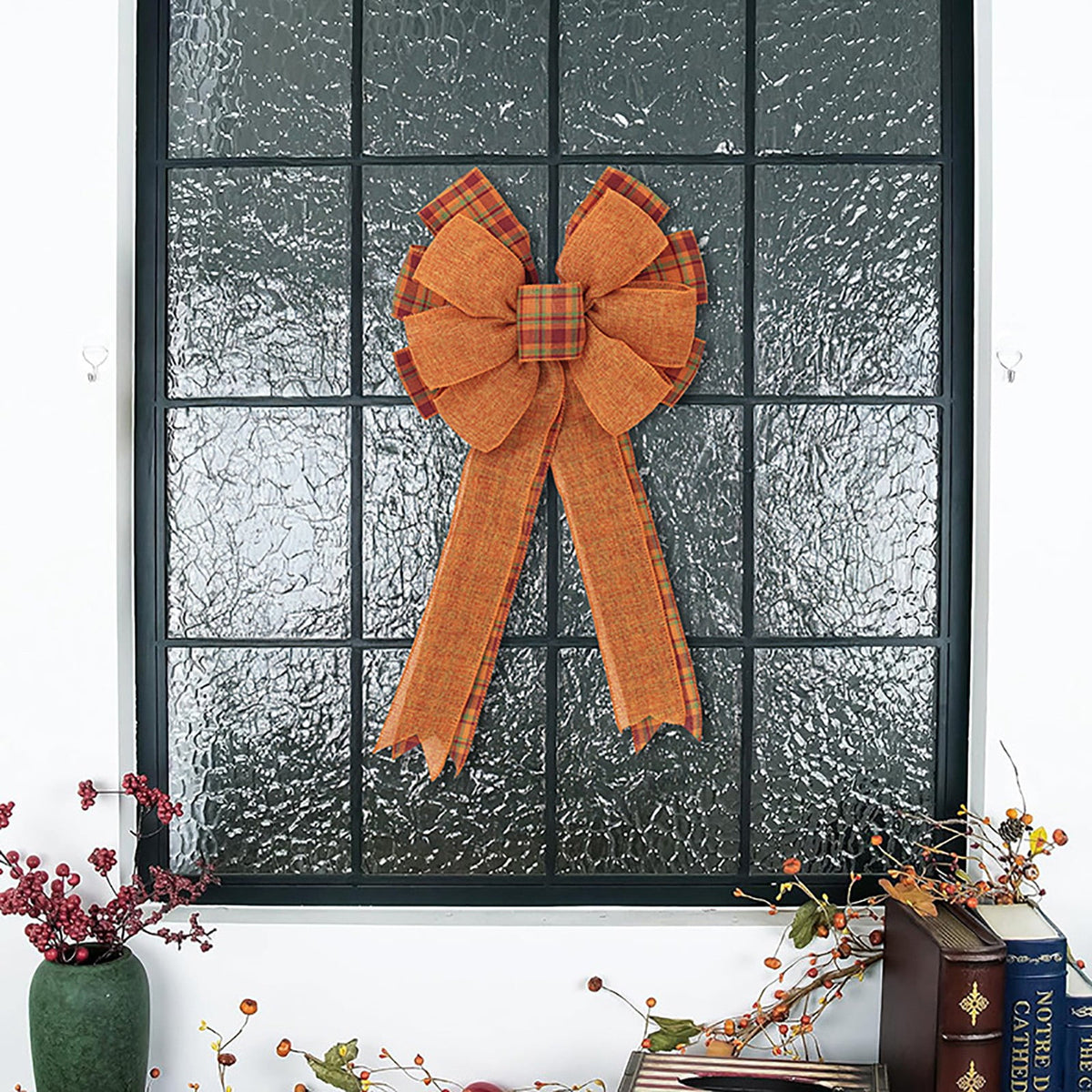Large Thanksgiving Fall Bow For Wreaths Decorations For Home, Halloween Tree Topper Bow, Pumpkin Bow With Orange Buffalo Plaid Burlap For Front Door Wreath Home Indoor Outdoor Decor