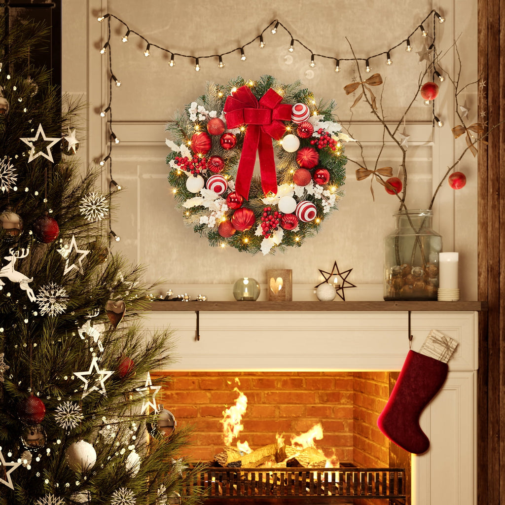 JoanKaren 24 inch Large Christmas Wreath Silver White with 20 LED Lights,Prelit Xmas Wreath w/ Ball Ornaments Pine Cone