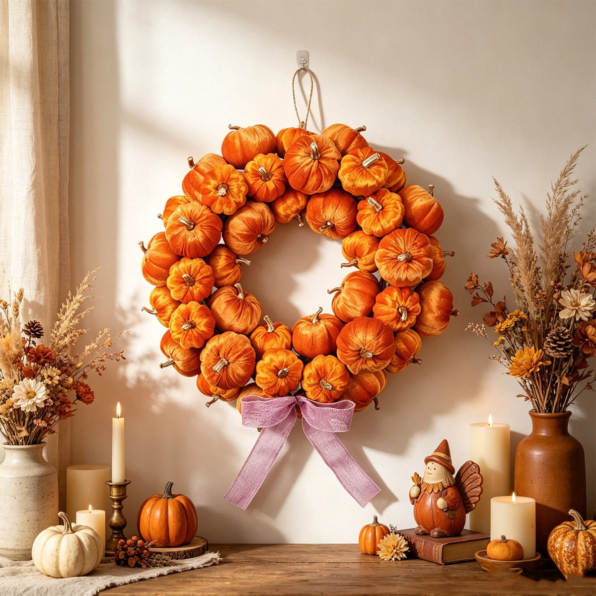 Handmade Fall Pumpkin Wreath, Soft Velvet Design with Linen Bow, Harvests Decors for Front Door, Great for Thanksgiving, Halloween, Mantel, and Porch, 16.93in