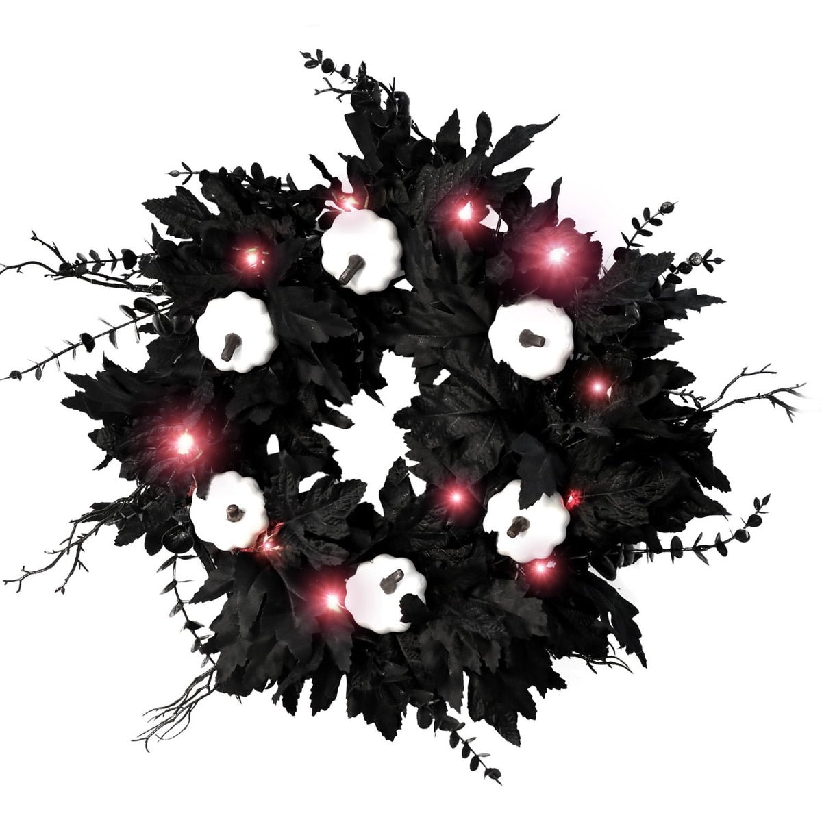 Halloween Wreaths Decoration for Front Door,Black Maple Pumpkin Wreath Decor with Lights,Fall Artificial Flower Wreath for Halloween Thanksgiving Wall,Window,Indoor Outdoor Halloween Home Decoration