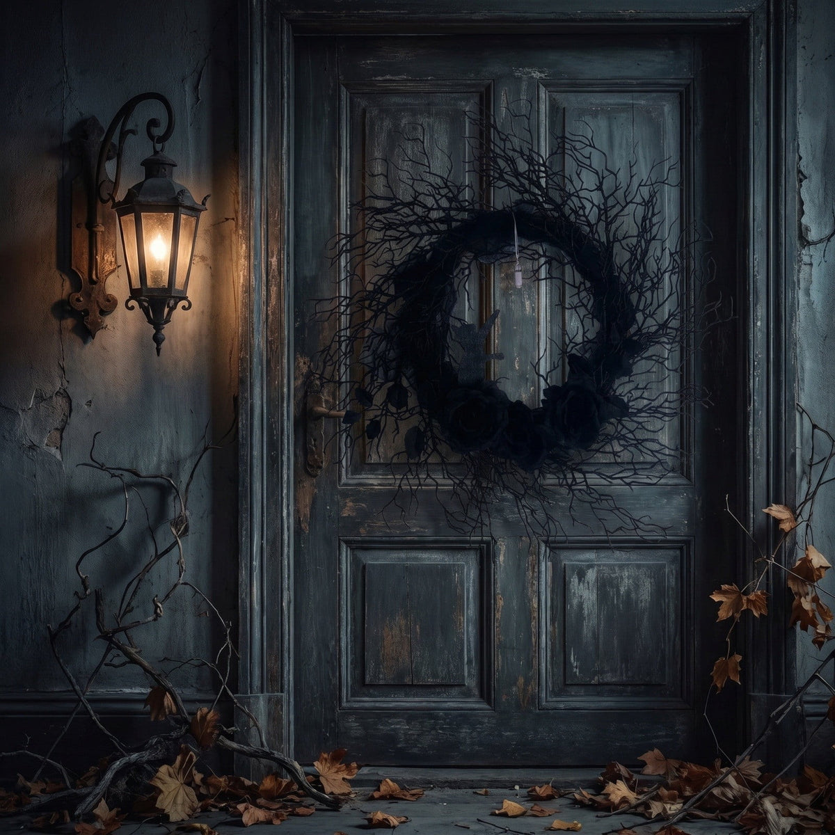 Dark Gothic Halloween Wreath 16 Inch Black Roses Ghost Crystal Door Decor