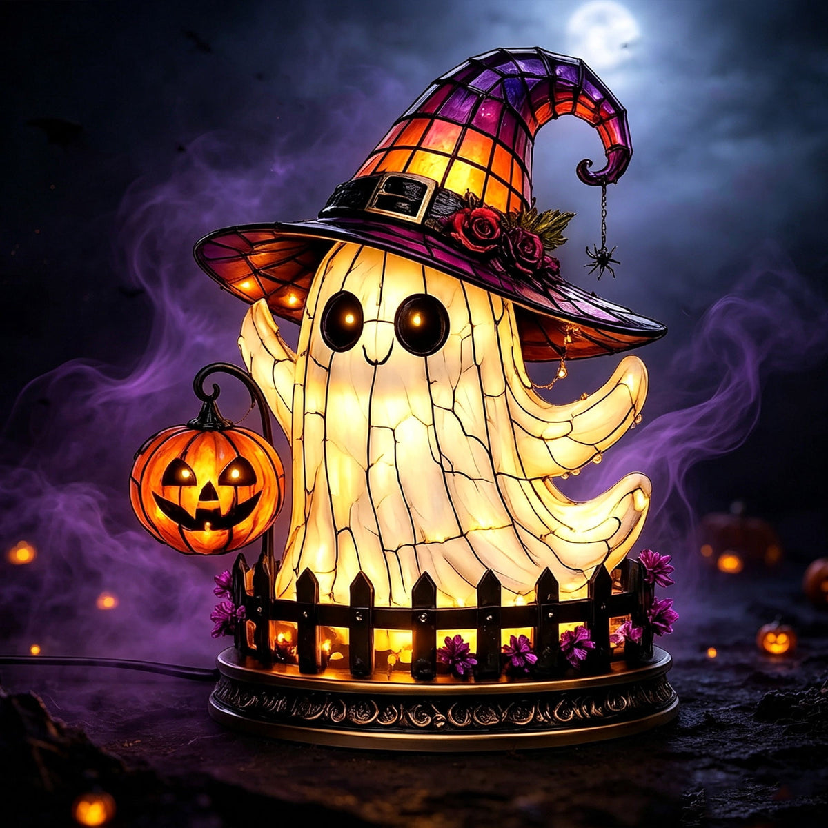 Halloween Lighted Witch Cauldron Decor Lamp, Stained Glass Witch Hat Magic Pot Night Light with Pumpkin & Potion Bottle Details, Spooky Vintage Tabletop Ornament for Mantel Living Room Party