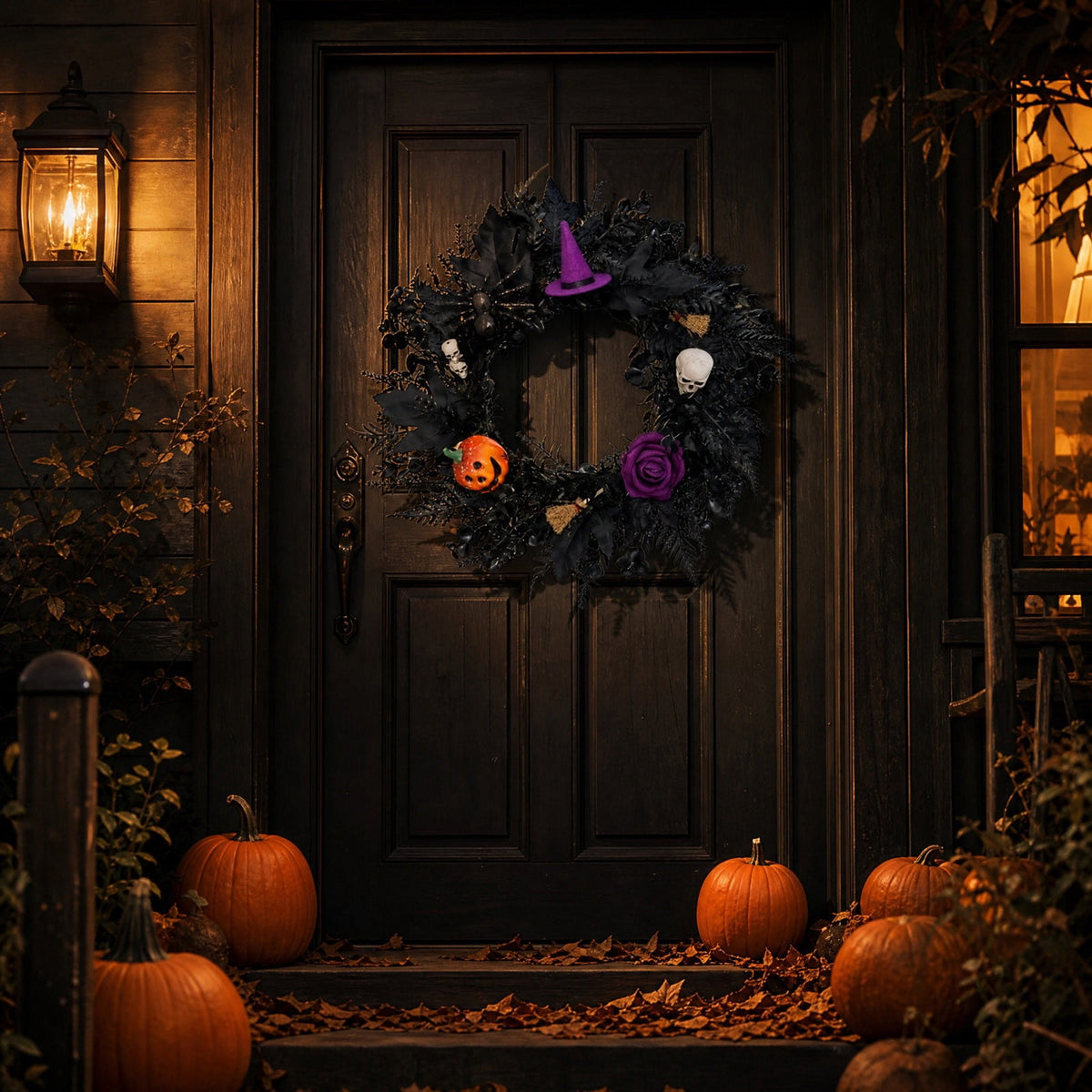 Gcvizuso Halloween Crescent Floral Wreath, Orange Red Rose Hydrangea Fall Front Door Decor for Autumn Harvest Celebration