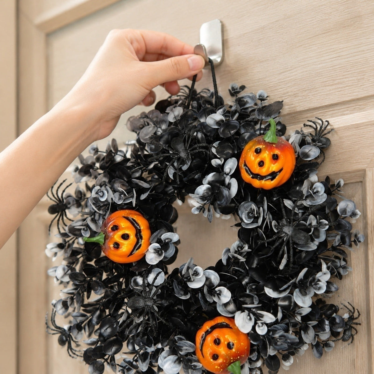 Halloween Wreaths for Front Door Halloween & Fall Fake Greenery Door Wreath, Thanksgiving Hanging Decor for Porch Window 12 Inch, D