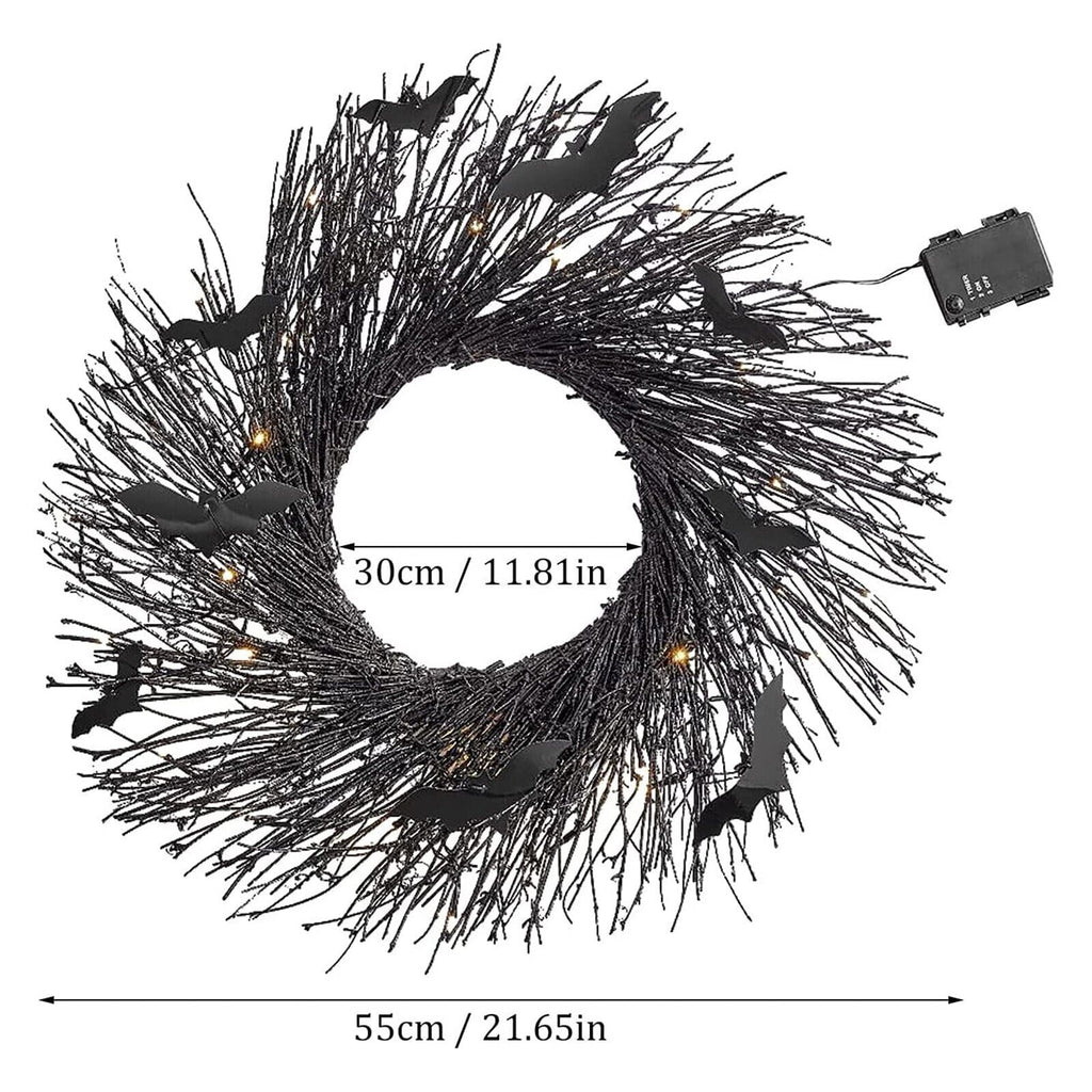 21.6" Illuminated Halloween Garland Wreath for Front Door Decor Lit Garland Black Bat Garland