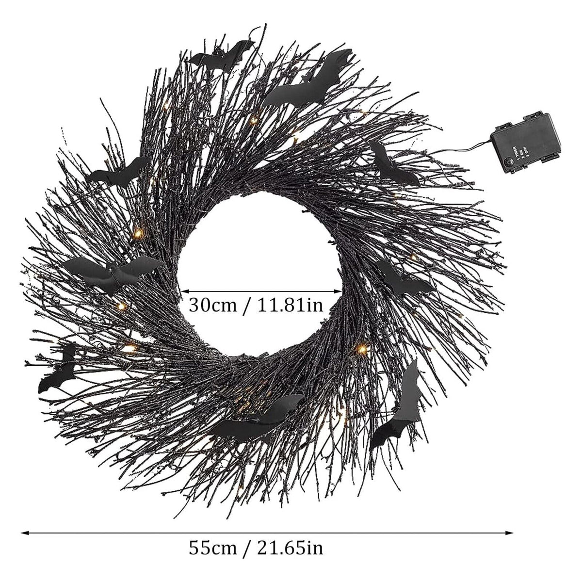 21.6" Illuminated Halloween Garland Wreath for Front Door Decor Lit Garland Black Bat Garland