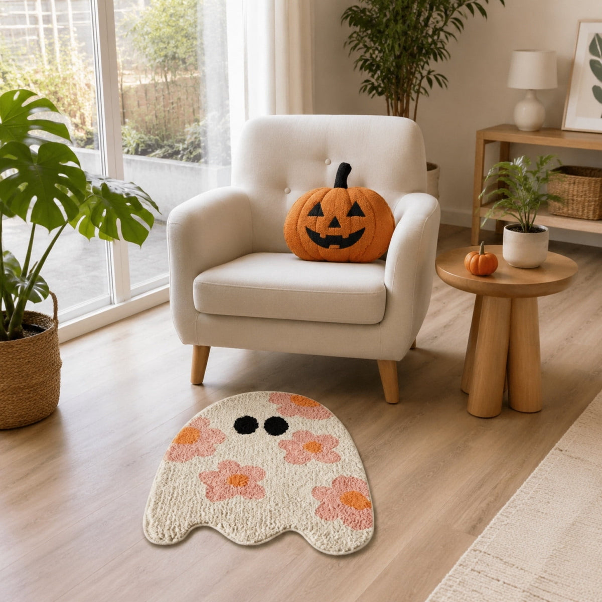 Pinks Ghost Doormat with Floral Patterns Irregular Halloween Cute Rug Non Slipes for Front Porch Indoor Outdoor, 15.74x23.62in