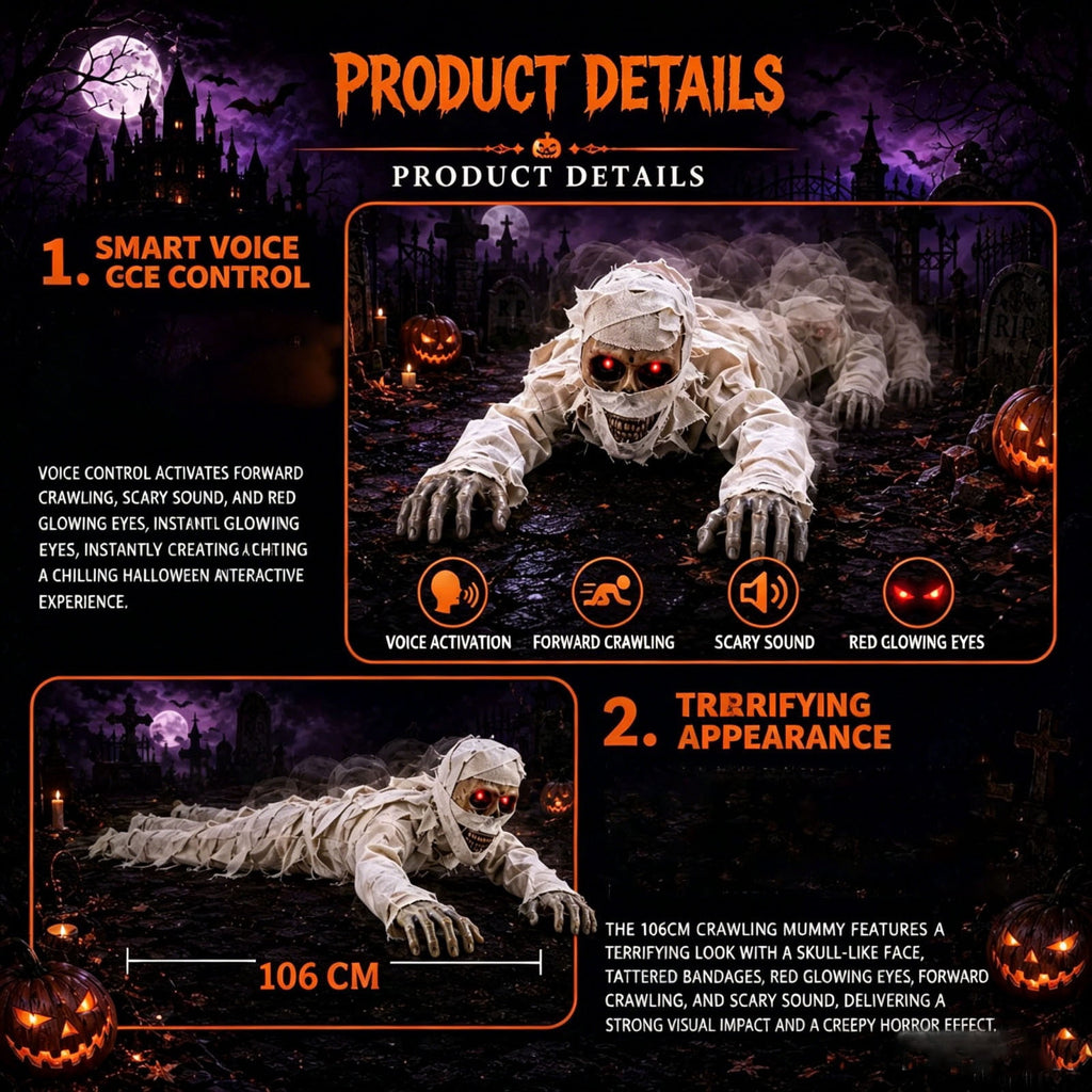 Halloween Crawling Mummy Prop, Voice Activated Animated Mummy Decoration with Red Glowing Eyes and Scary Sounds for Haunted House Yard Party Decor