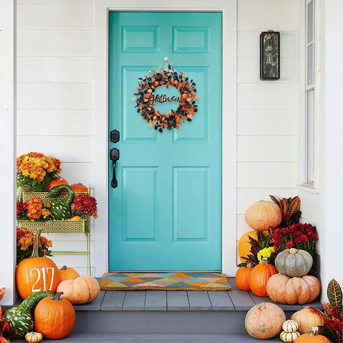 22 inch Pumpkin Wreath Halloween Wreaths for Front Door Fall Decorations for Home with Wood Pumpkins Thanksgiving Decorations with Glitter Decorations Sign