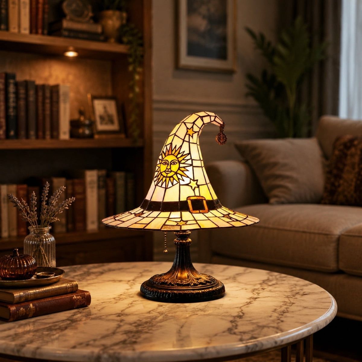 Stained Glass Witch hat lamp, 7" Halloween Gothic Mystic Room Decor Handcrafted Ceramic Phantom Figurine, USB Rechargeable LED Glowing Lantern for Bedroom Living Room Mantel Home Decor
