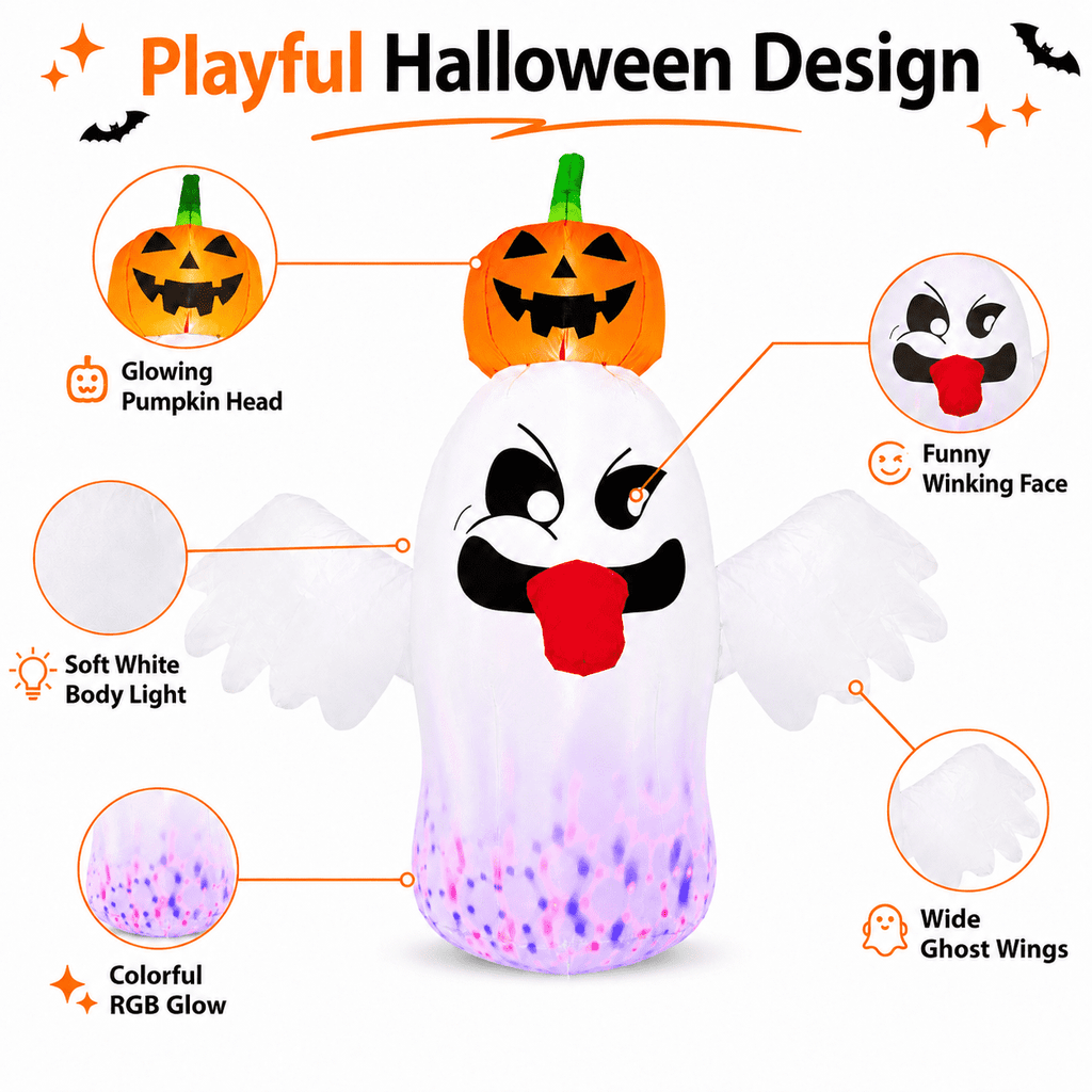 BEEPRINCESS 6 FT Halloween Inflatable Ghost with Pumpkin Head, Light-Up RGB LED Blow Up Yard Decoration