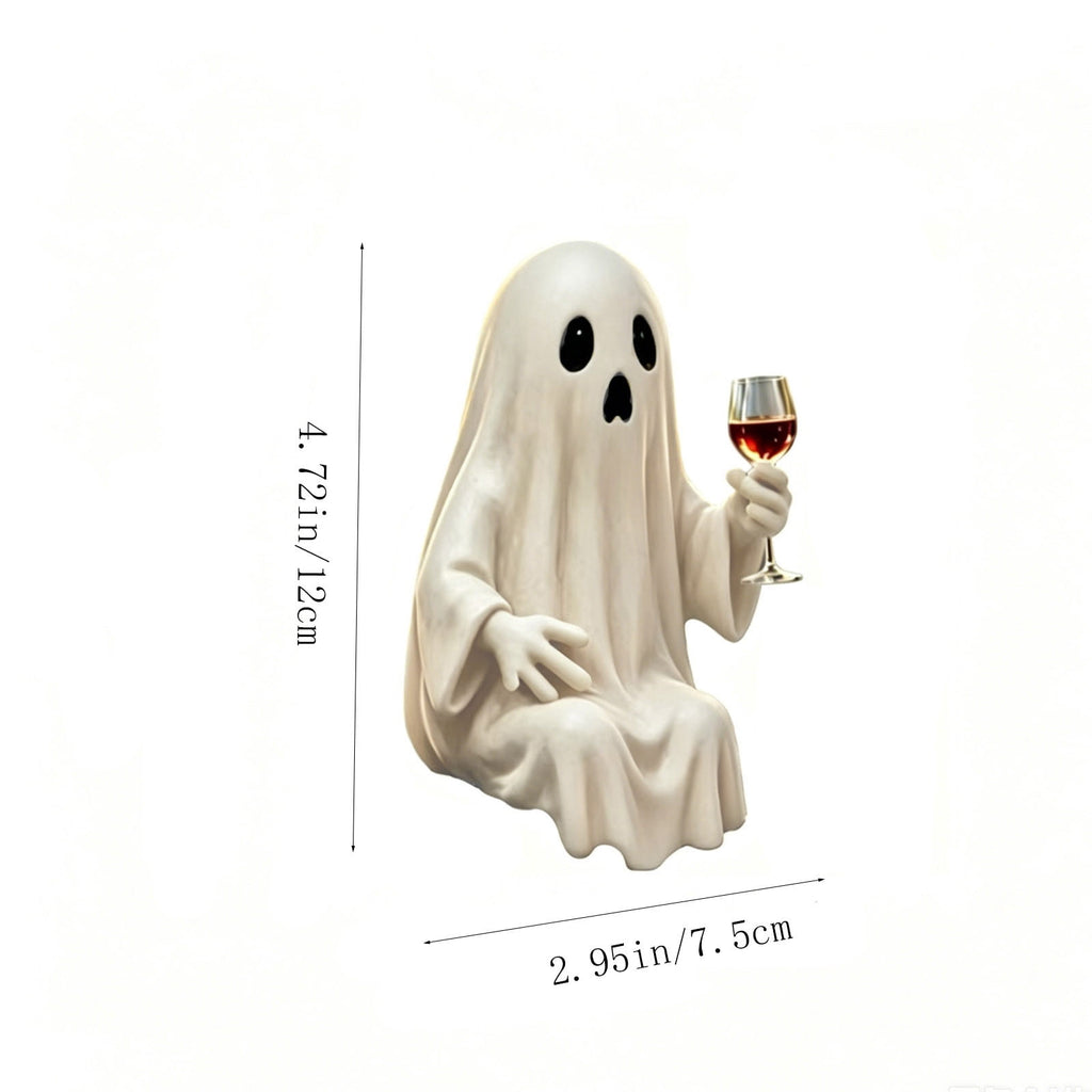 Halloween Ghost Figurine, Ghost Girl with Pink Bow & Hot Drink, Funny Ghost Statue Halloween Decor for Gift, Cute Spooky Tabletop Ornament for Home, Mantle, Desk & Party Decoration