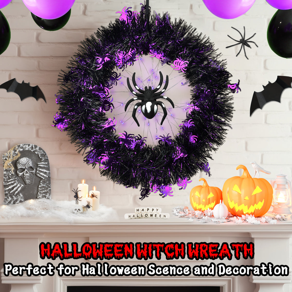 Halloween Spider Garland Front Door Wall Hangings Halloween Horror Party Atmosphere Decoration LED Luminous Wreath