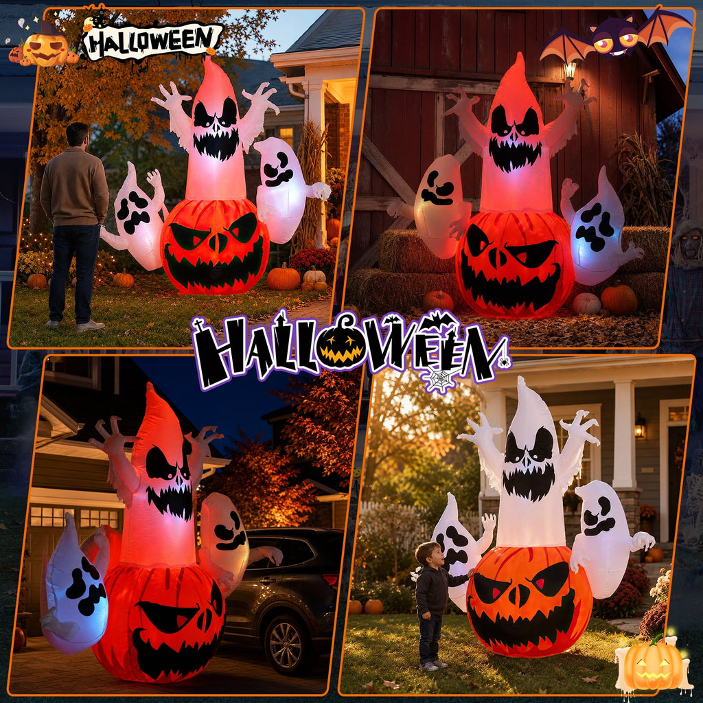 6FT Halloween Inflatable Ghost Pumpkin Decorations with LED Lights, 3 Ghosts Inflatable Yard Decorations for Outdoor Lawn Garden Porch Indoor Party Decorations