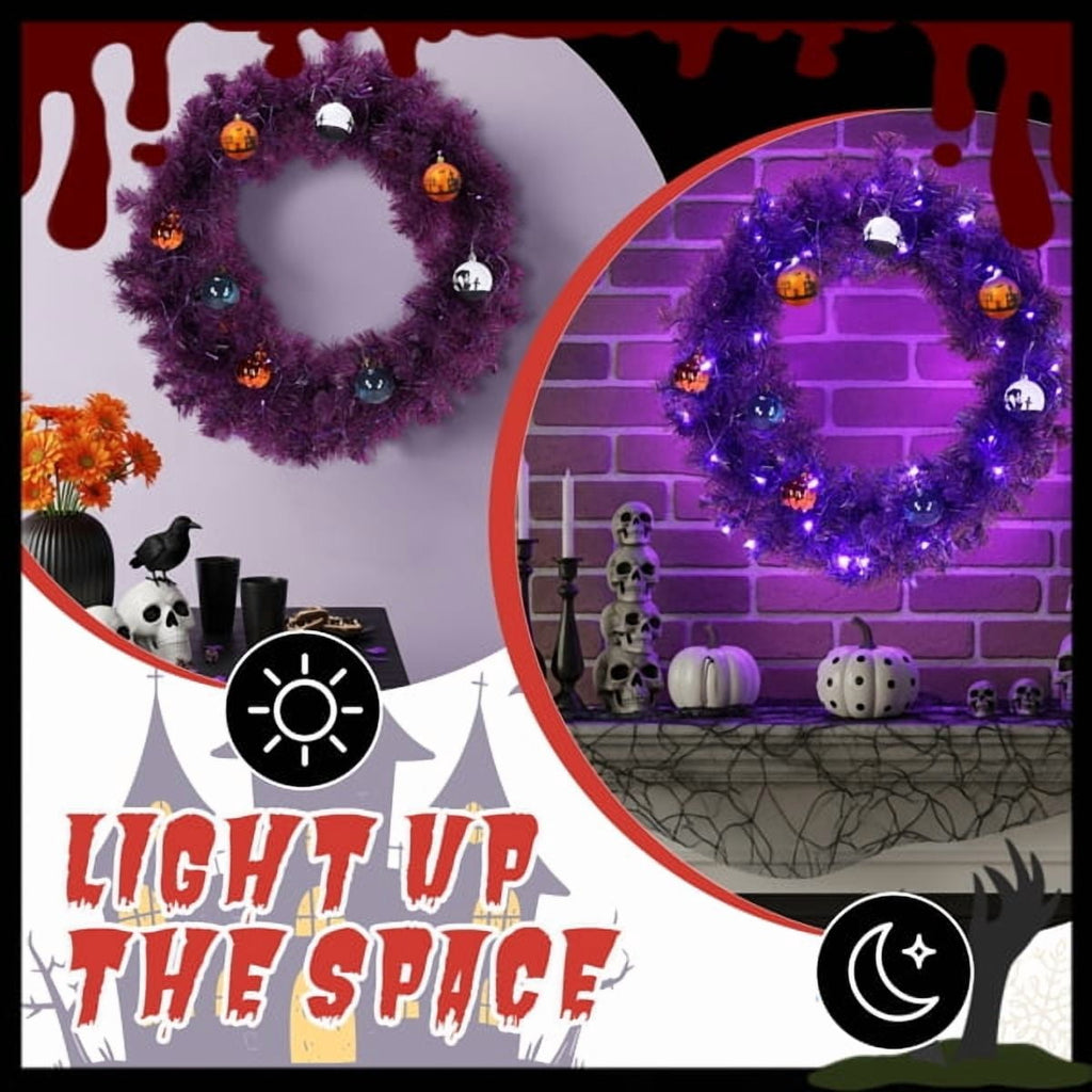 24" Halloween-Themed Christmas Wreath - Purple Pre-Lit Wreath with 50 Purple/Orange LEDs, 100 PVC Tips, DIY Ornament Pack for Indoor/Outdoor Decor