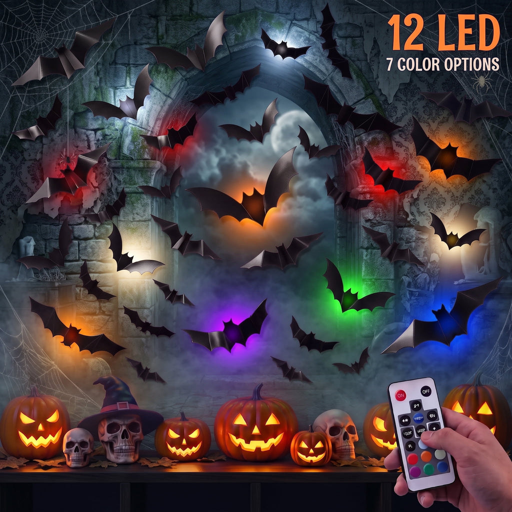 PChero 48Pcs Halloween Bats Wall Decor with 12 Color Changing Lights, 3D Light up Bats with Remote Timer, 10 Different Size PET LED Bat Wall Stickers for Bedroom Window Spooky Decor Home Decals