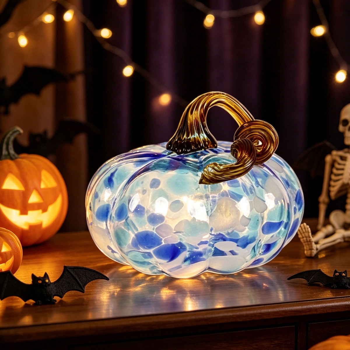 Fall Decor Halloween Pumpkin Decorations Hand Blown Glass Pumpkin Figurine Colorful Speckled Art Glass Pumpkin with Twisted Stem Tabletop Centerpiece for Home Desk Mantel