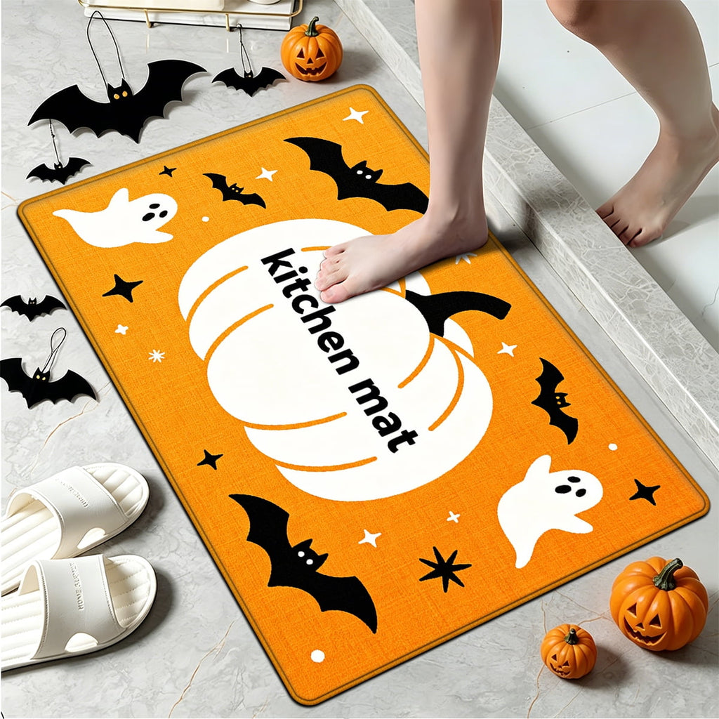 YIMEIS Halloween Orange Ghost Pumpkin Black Cat 1Pc Flannel Mat & Kitchen Rugs,Soft Non-slip,16''×24'' Inches,for Entryway Bathroom