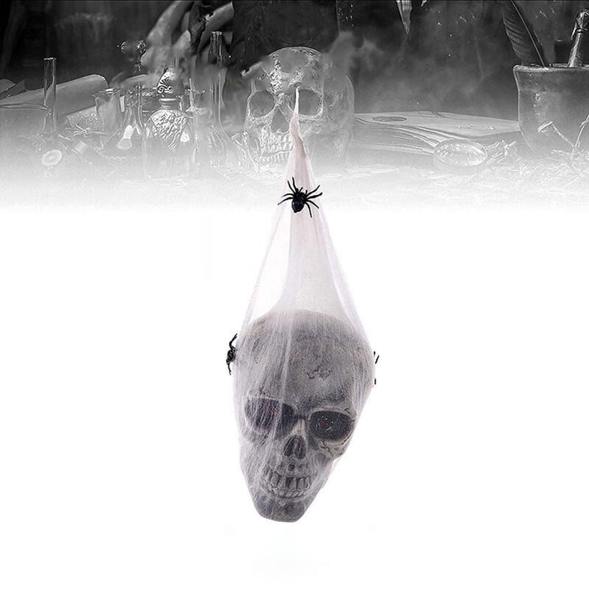 Cuteam Halloween Skull Decor Spooky Voice Activated Skeleton Skull Ornament with LED Red Eyes & Spider Haunted House Decorative Props Halloween Party Decoration for Indoor Outdoor