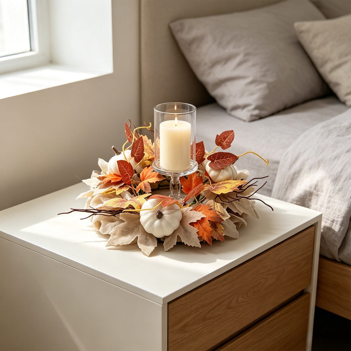 Dtchengua 2PCS Fall Candle Ring Small Wreath Artificial Maple Leaves Pumpkin 11” for Thanksgiving Halloween Autumn Harvest Festival Farmhouse Table Decor Gift