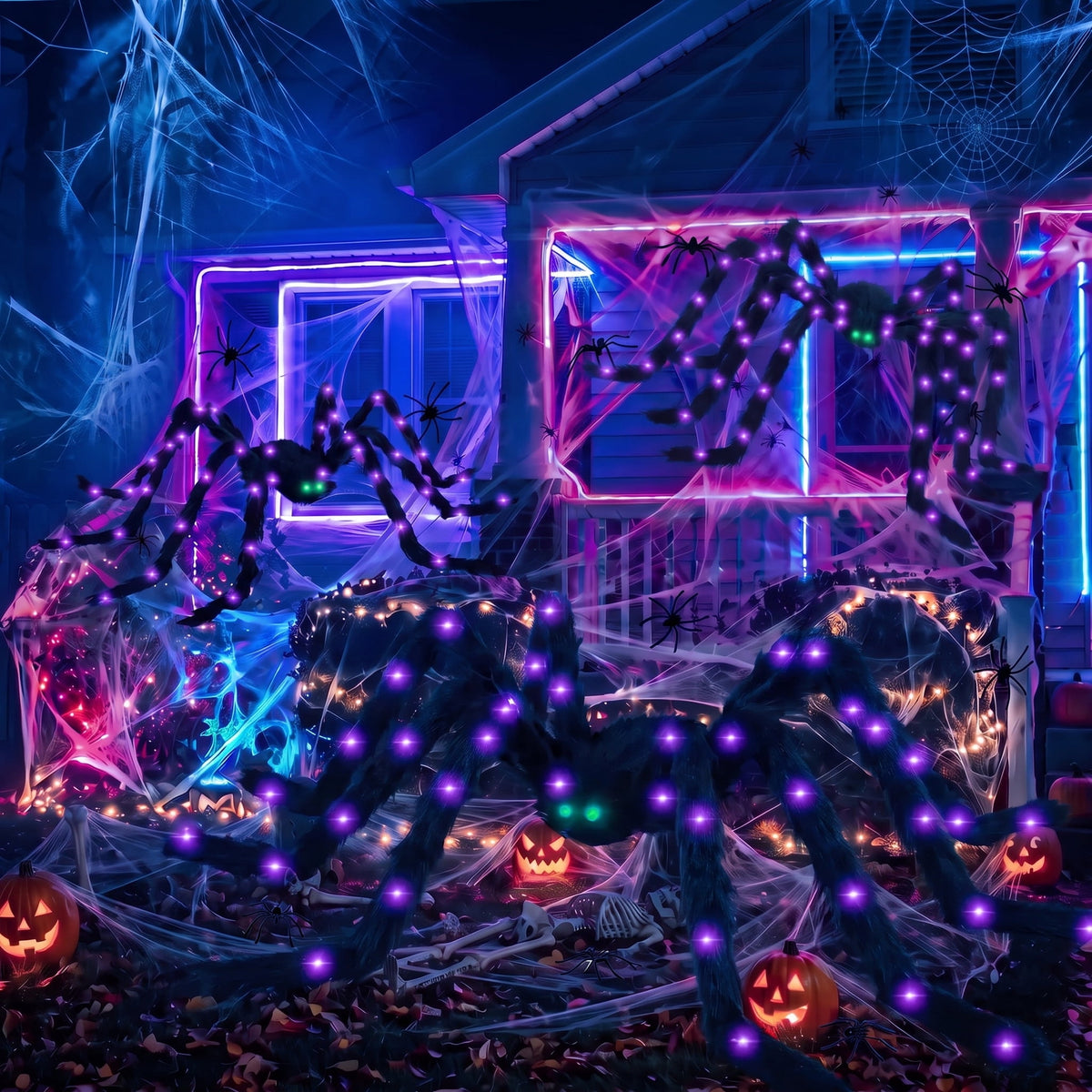 Leyaron Halloween Spider Decorations Set, 5FT and 2 Pack 4FT Lighted Giant Spider Decorations for Halloween Party Indoor Outdoor Yard Home Decor
