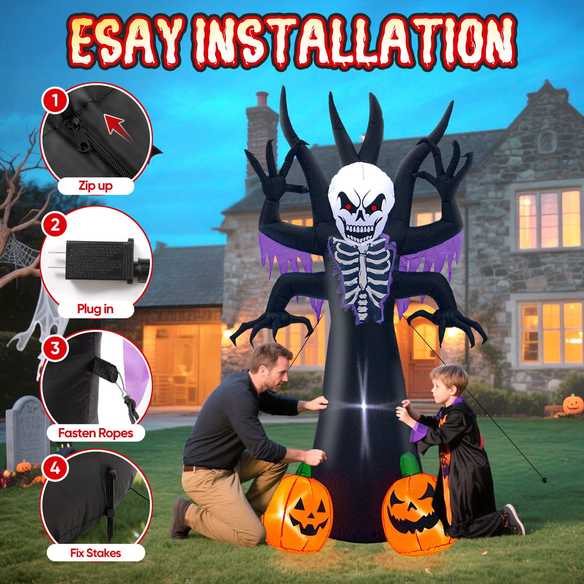 Toiyjofe 8ft Giant Halloween Inflatable Grim Reaper Tree with Pumpkins & LED Lights, Outdoor Skeleton Yard Decoration for Lawn & Haunted House
