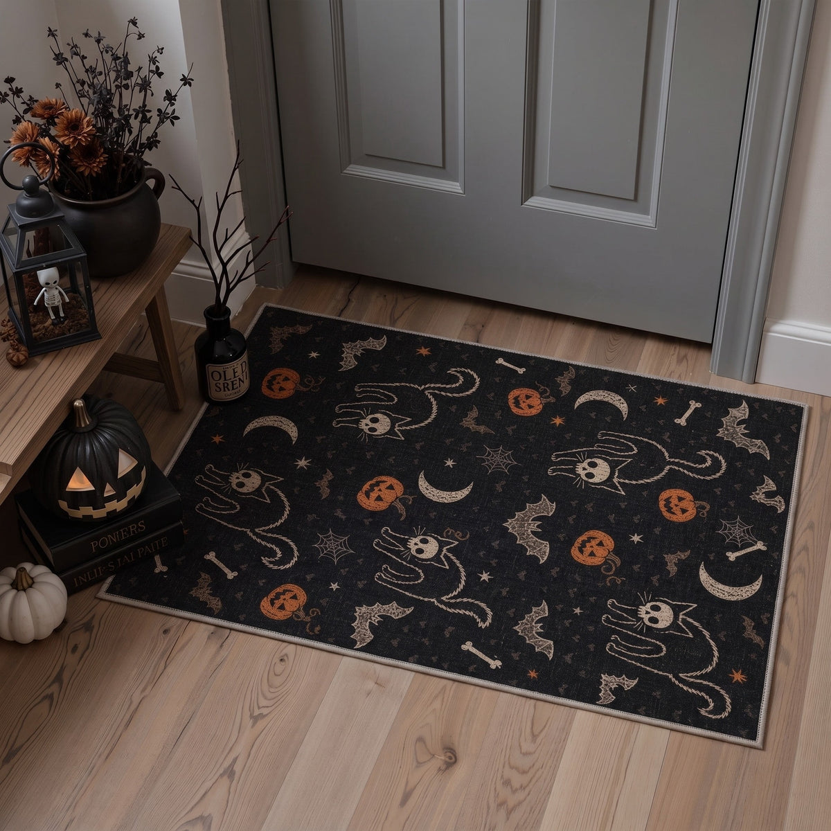 GENIMO 5'x7' Halloween Area Rug for Living Room, Washable Non Slip Soft Vintage Pumpkin Indoor Rug for Bedroom Dining Room Home Office, Antique Moss