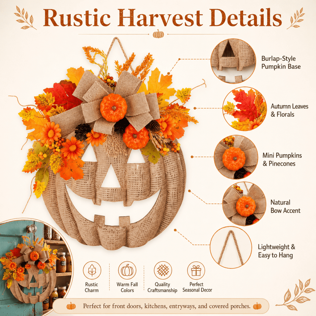 Lighted Burlap Pumpkin Wreath with Remote Control 🎃✨ Cozy Fall Door Decor with 8 Light Modes & Warm LED Glow Halloween Decor