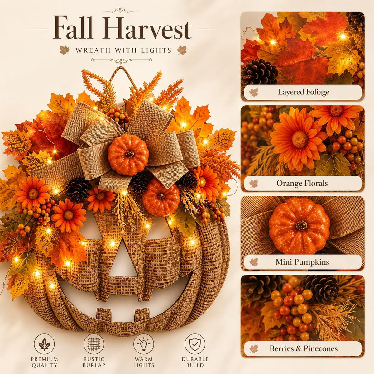 Lighted Burlap Pumpkin Wreath, 13.78-Inch LED Fall Door Decor with Wooden Pumpkin,Burlap Bow,Maple Leaves and Berries for Halloween Thanksgiving Porch