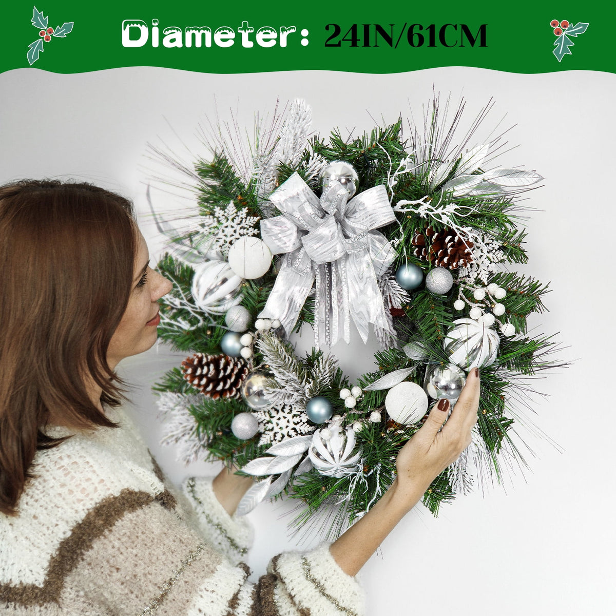JoanKaren 24 inch Large Christmas Wreath Silver White with 20 LED Lights,Prelit Xmas Wreath w/ Ball Ornaments Pine Cone